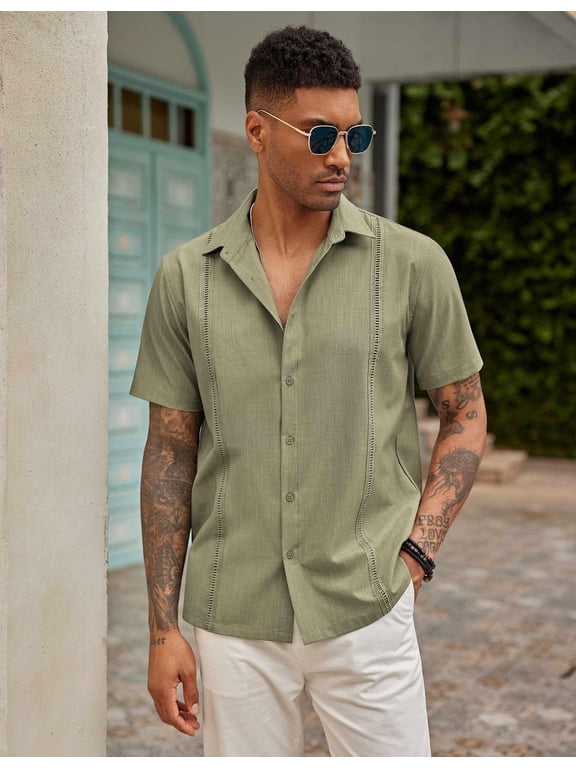 Mens Short Sleeve Cuban Guayabera Shirt Casual Summer Beach Button Down Shirts