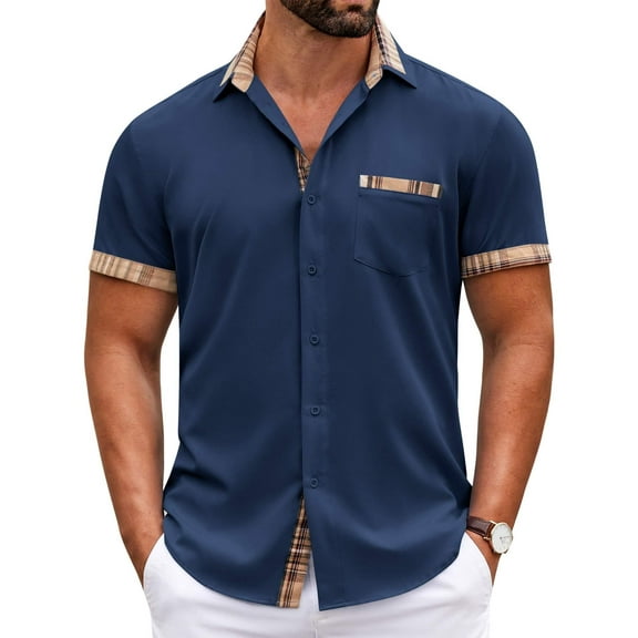 COOFANDY Mens Dress Shirt Short Sleeve Button Down Slim Fit Summer Casual Untucked Shirts Plaid Dress Shirts