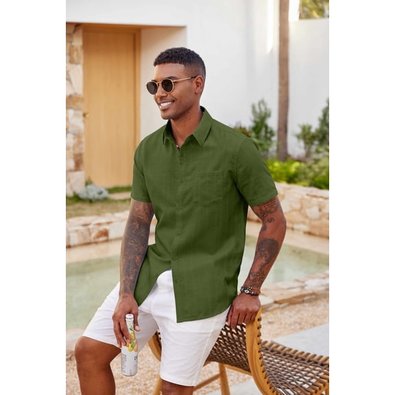 COOFANDY Mens' Short Sleeve Textured Shirts Casual Button Down Shirt Summer Wedding Stylish Beach Clothes
