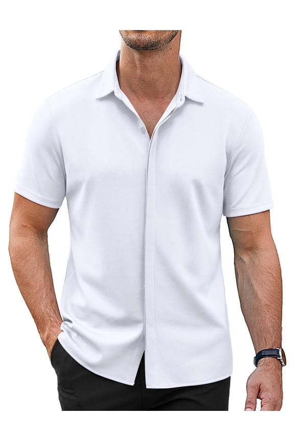 Mens Wrinkle Free Button Down Shirts Short Sleeve Untucked Shirts Casual Summer Shirt