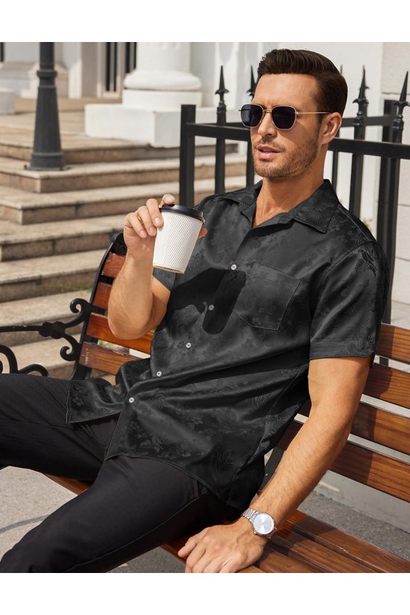 Men's Silk Satin Dress Shirts Jacquard Short Sleeve Floral Button Up Shirts Party Prom Wedding Shirt