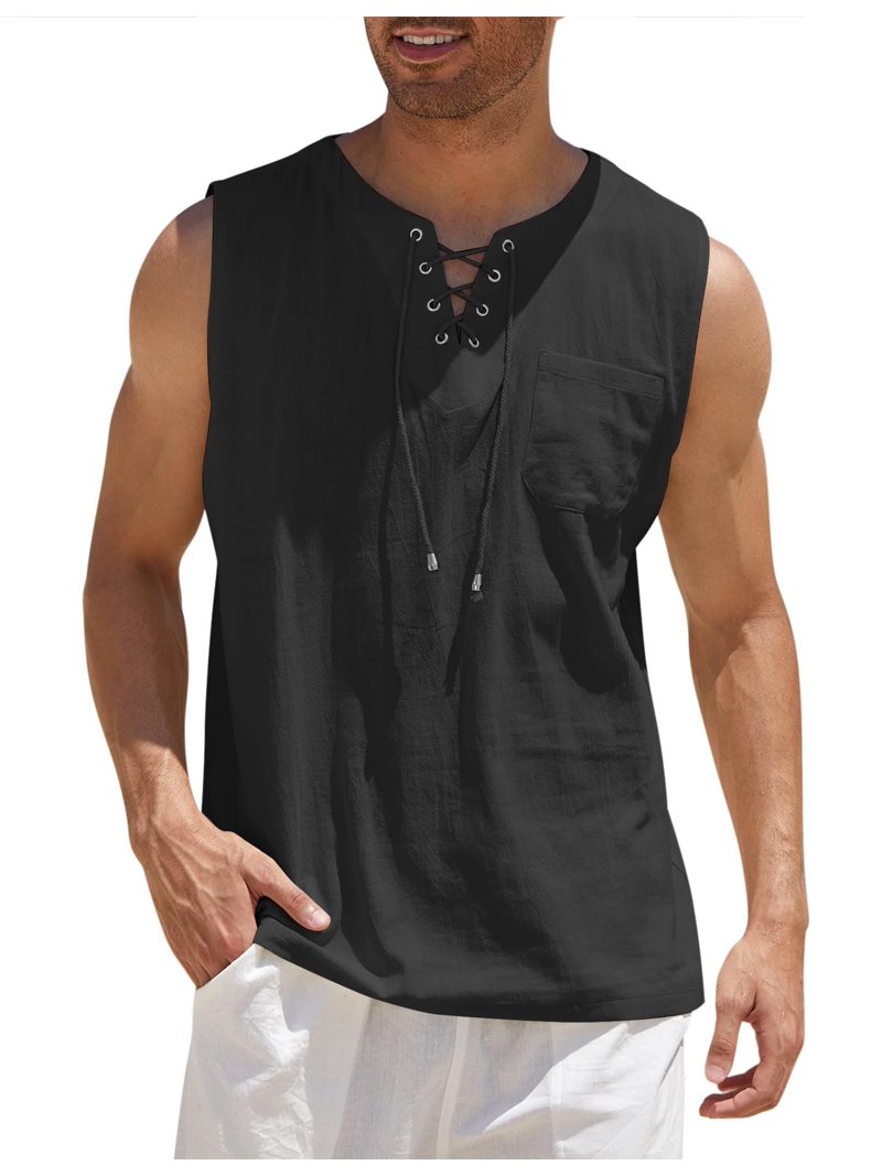 COOFANDY Men's Cotton Linen Tank Top Shirts Casual Sleeveless Lace