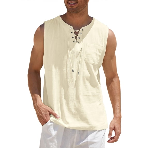 COOFANDY Men's Cotton Linen Tank Top Shirts Casual Sleeveless Lace Up Beach Hippie Tops Bohemian Renaissance Pirate Tunic