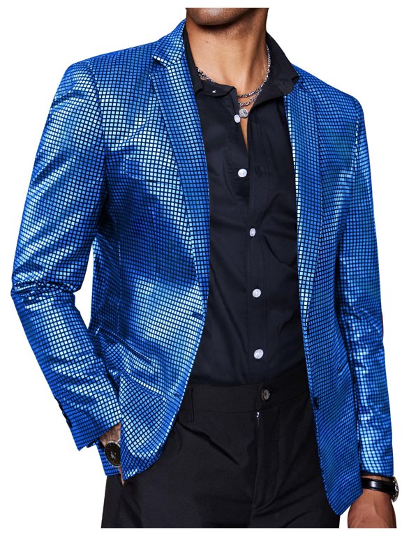 Mens Sparkly Blazer Regular Fit Sport Coat Metallic 70S Disco Silver Jacket