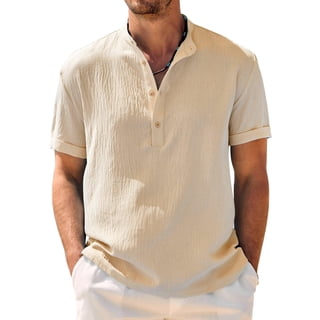 COOFANDY Men Summer Henley Shirts Button Vacation T-Shirt Collarless Casual Shirt