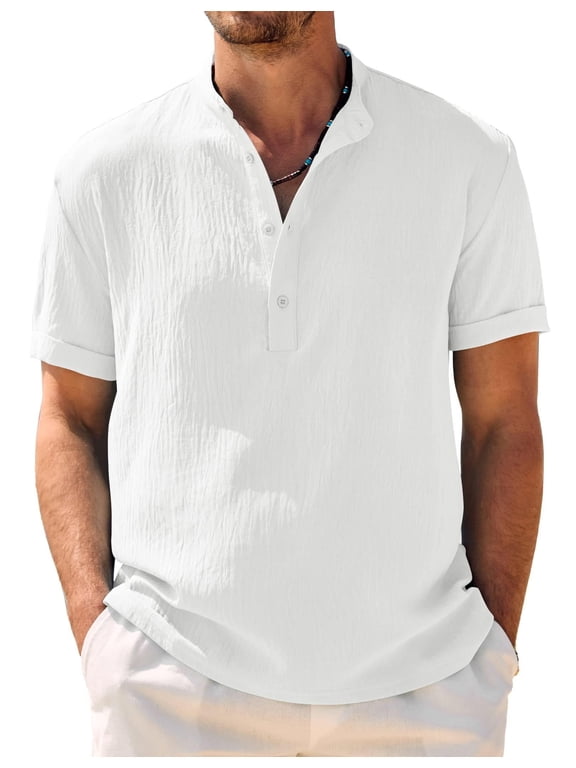 Mens Summer Henley Shirts Button Vacation Shirt Collarless Casual T-Shirts