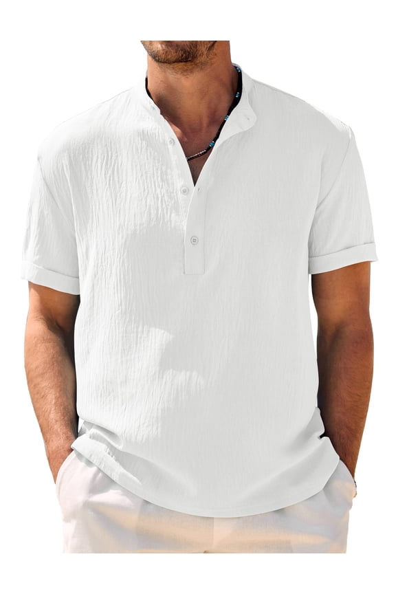 Mens Summer Henley Shirts Button Vacation Shirt Collarless Casual T-Shirts