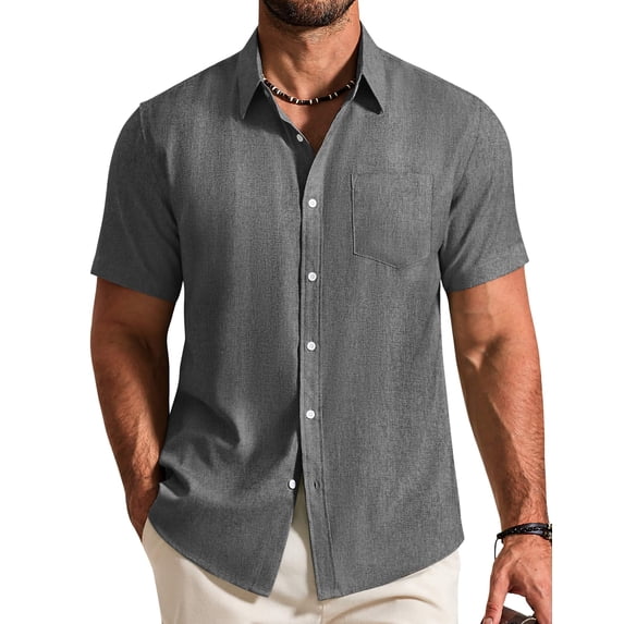 COOFANDY Mens Summer Textured Shirts Short Sleeve Stretch Linen Shirts for Vacation