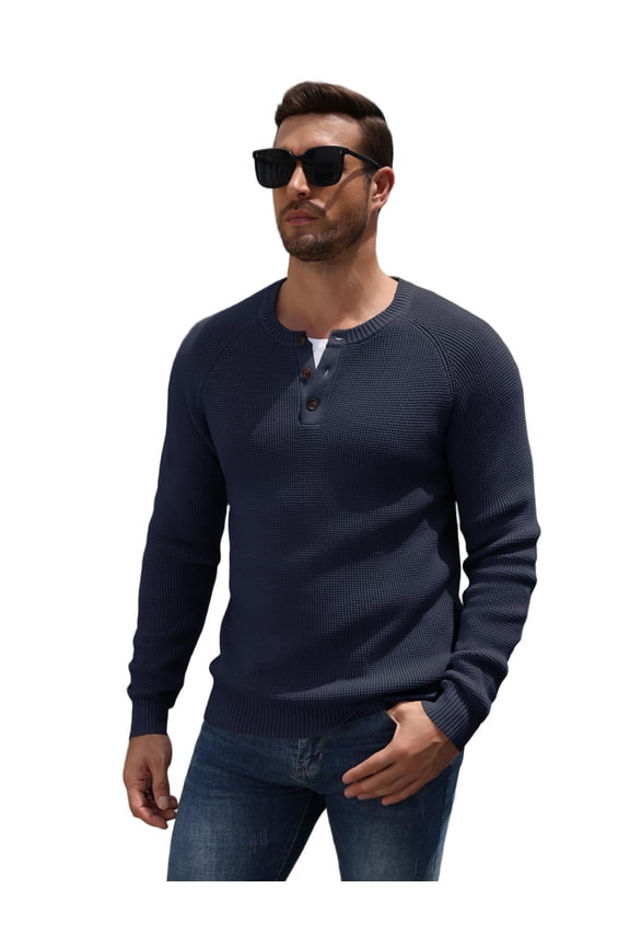 Mens Sweaters Henley Casual Waffle Pullover Sweater Raglan Sleeve Button Crewneck Textured Knit Cotton Sweaters