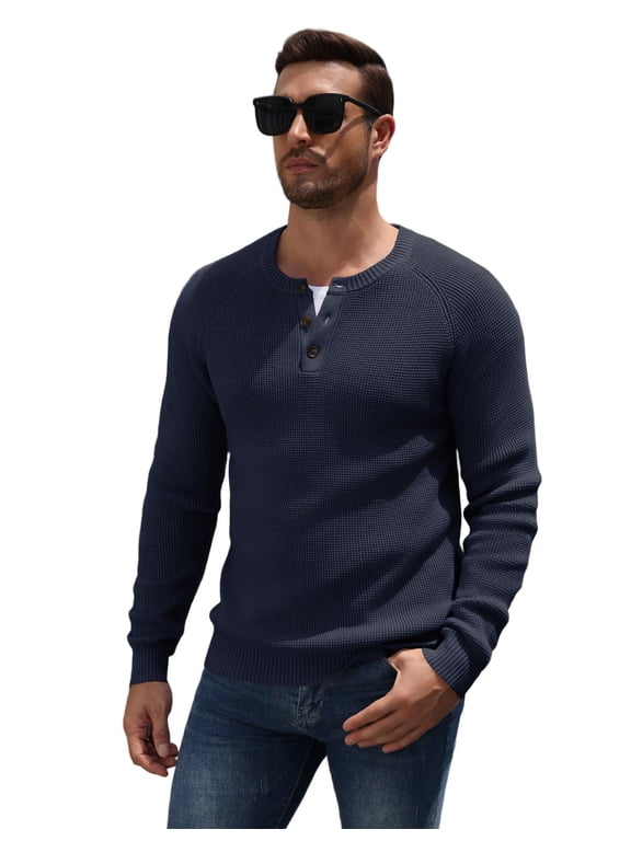 Mens Sweaters Henley Casual Waffle Pullover Sweater Raglan Sleeve Button Crewneck Textured Knit Cotton Sweaters
