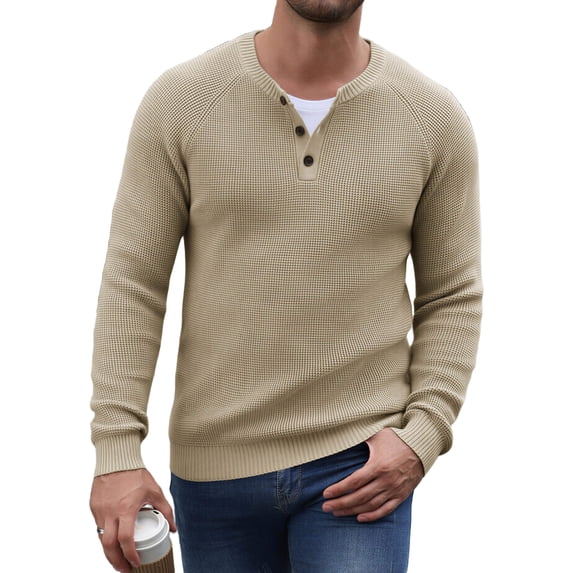 COOFANDY Mens Henley Waffle Pullover Sweater, Button Crewneck Casual Textured Sweaters