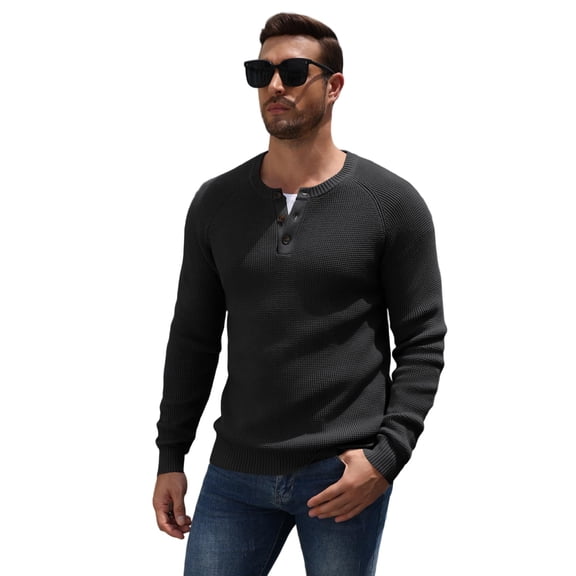 COOFANDY Mens Sweaters Henley Casual Waffle Pullover Sweater Raglan Sleeve Button Crewneck Textured Knit Cotton Sweaters
