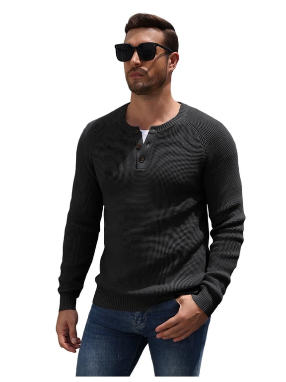 Mens Sweaters Henley Casual Waffle Pullover Sweater Raglan Sleeve Button Crewneck Textured Knit Cotton Sweaters