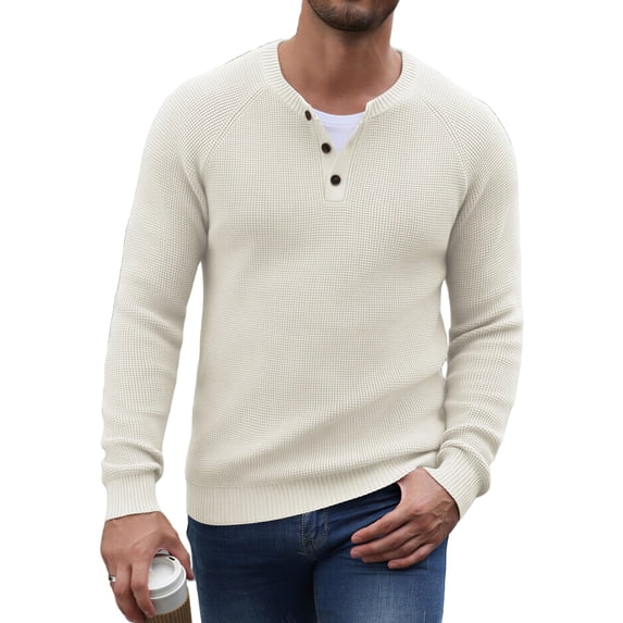 COOFANDY Mens Henley Waffle Pullover Sweater, Button Crewneck Casual Textured Sweaters