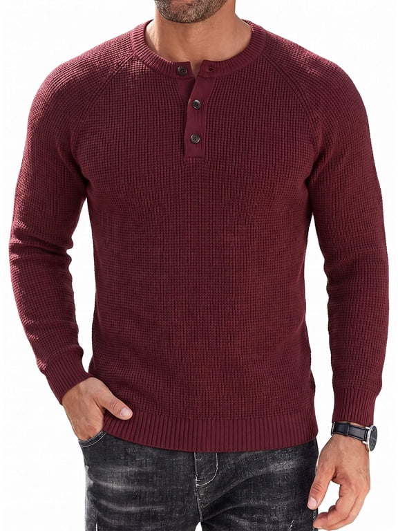 Mens Henley Waffle Pullover Sweater, Button Crewneck Casual Textured Sweaters