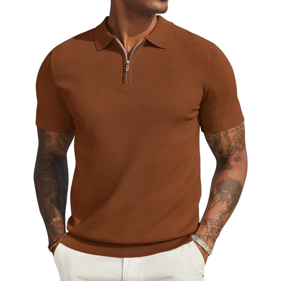 COOFANDY Mens Textured Knit Polo Shirts Zipper Polo Shirts Short Sleeve Casual Lightweight Golf Shirt