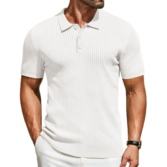 COOFANDY Mens Textured Polo Shirts Crochet Button Down Shirts Short Sleeve Collared Shirts