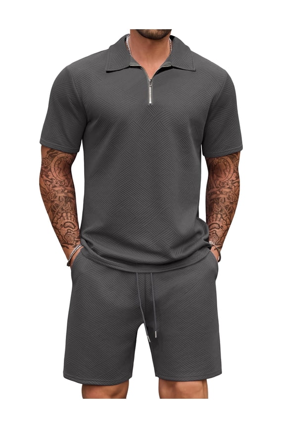 Mens Tracksuit Casual 2 Piece Quarter Zip Polo Shirt and Shorts Set Athletic Jogging Sports