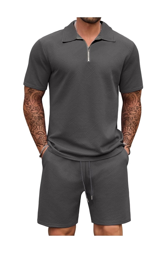 Mens Tracksuit Casual 2 Piece Quarter Zip Polo Shirt and Shorts Set Athletic Jogging Sports
