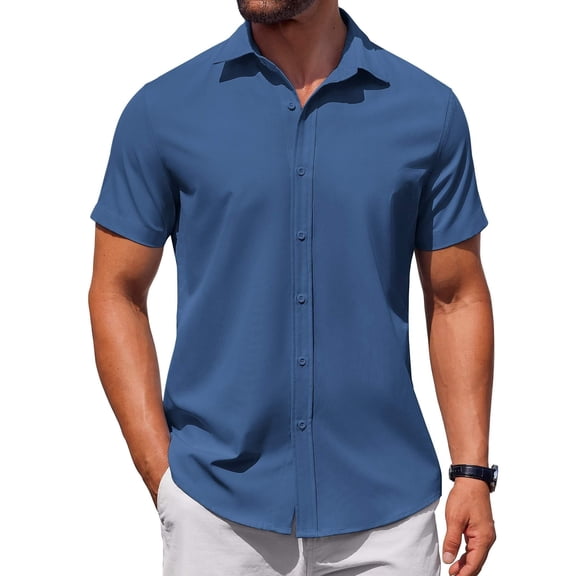 COOFANDY Mens Untucked Short Sleeve Shirt Button Up Shirt Untucked Dress Shirts Summer Beach Wedding