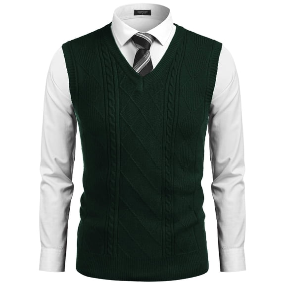 COOFANDY Mens V Neck Sweater Vest Knit Sleeveless Pullover Sweater Casual Slim Fit Twisted Vest Dark Green L