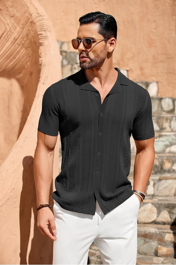 Mens Vintage Shirts Short Sleeve Button Up Knitted Polo Shirts Casual Beach Summer Shirt