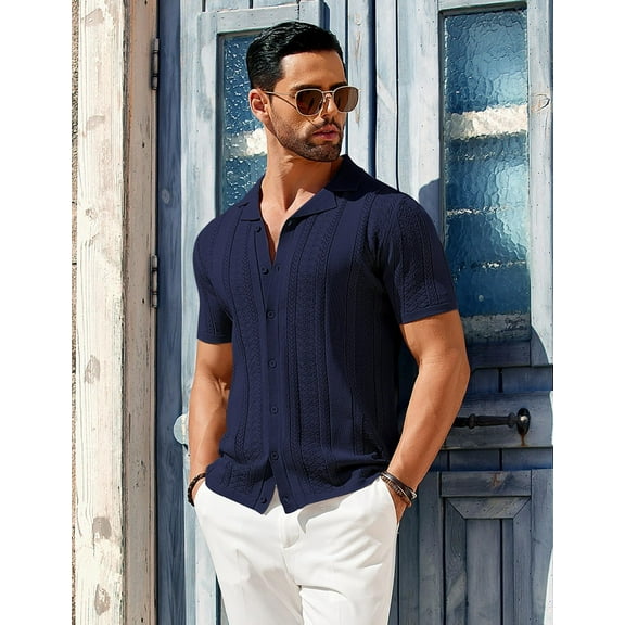 COOFANDY Mens Knit Top Short Sleeve Button Down Shirt Vintage Casual Shirt for Men