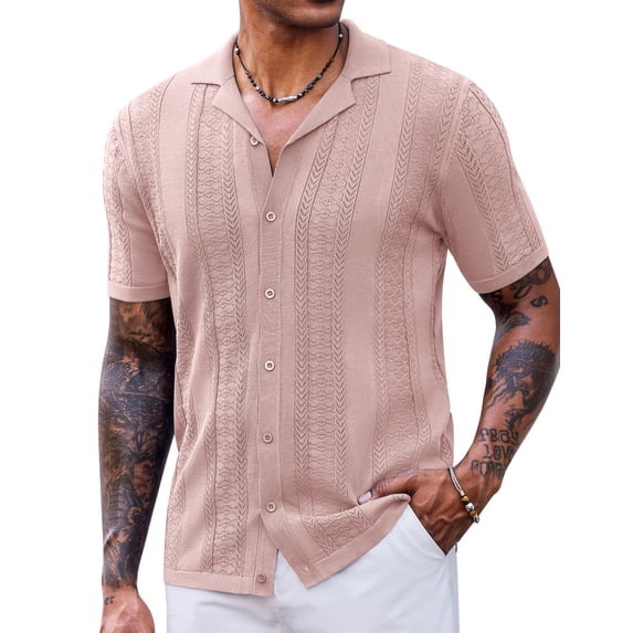 COOFANDY Mens Vintage Short Sleeve Button Up Knitted Polo Shirts Summer Beach Shirt for Big and Tall