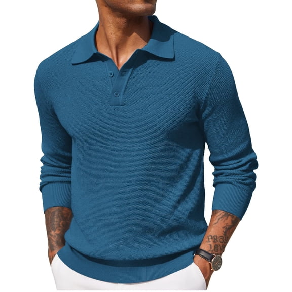 COOFANDY Mens Knit Polo Shirts Long Sleeve Casual Polo Sweaters Shirt Waffle Textured Collared Sweater