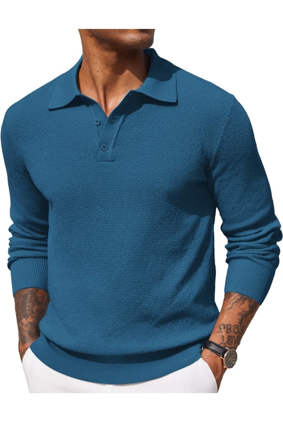 Mens Knit Polo Shirts Long Sleeve Casual Polo Sweaters Shirt Waffle Textured Collared Sweater
