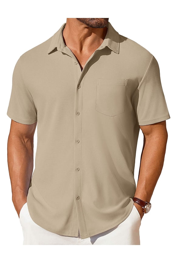 Mens Waffle Shirts Short Sleeve Button Down Untucked Shirt Summer Wedding Shirt
