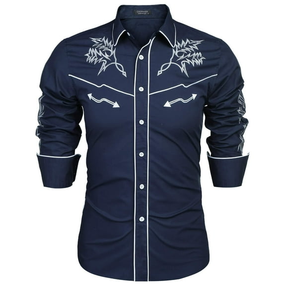 COOFANDY Mens Western Cowboy Shirt Embroidered Denim Long Sleeve Casual Button Down Shirt