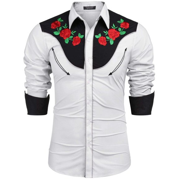 COOFANDY Mens Western Cowboy Shirts Long Sleeve Button Down Shirt Retro Embroidered Rodeo Hippie Work Shirts