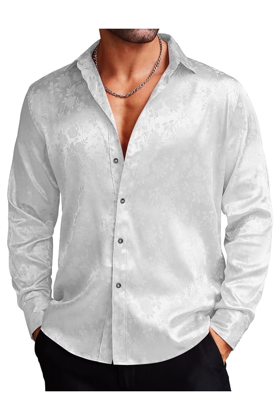 Mens White Dress Shirts Floral Rose Printed Long Sleeve Button Down Shirts Party Wedding Prom Shirts