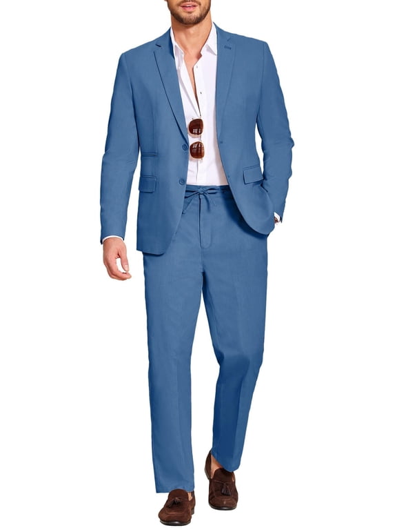 Men's 2 Piece Linen Blended Suits Set Regular Fit Casual Lightweight Cotton Linen Beach Wedding Blazer and Pants