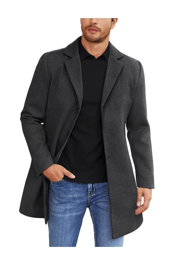 Men's Classic Wool Blend Peacoat - Winter Trench Style, Notched Lapel, Single Breasted with Pockets