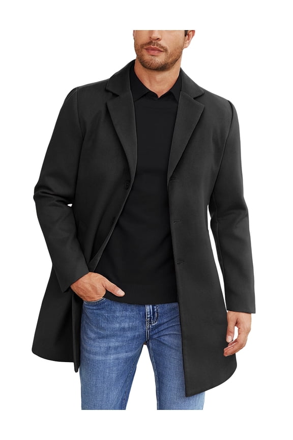 Men's Classic Wool Blend Peacoat - Winter Trench Style, Notched Lapel, Single Breasted with Pockets
