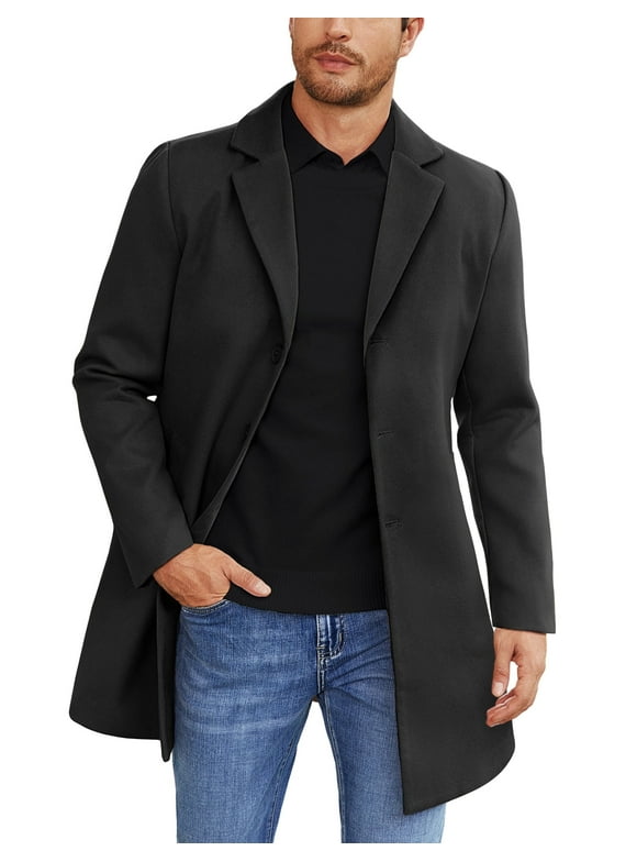 Men's Classic Wool Blend Peacoat - Winter Trench Style, Notched Lapel, Single Breasted with Pockets