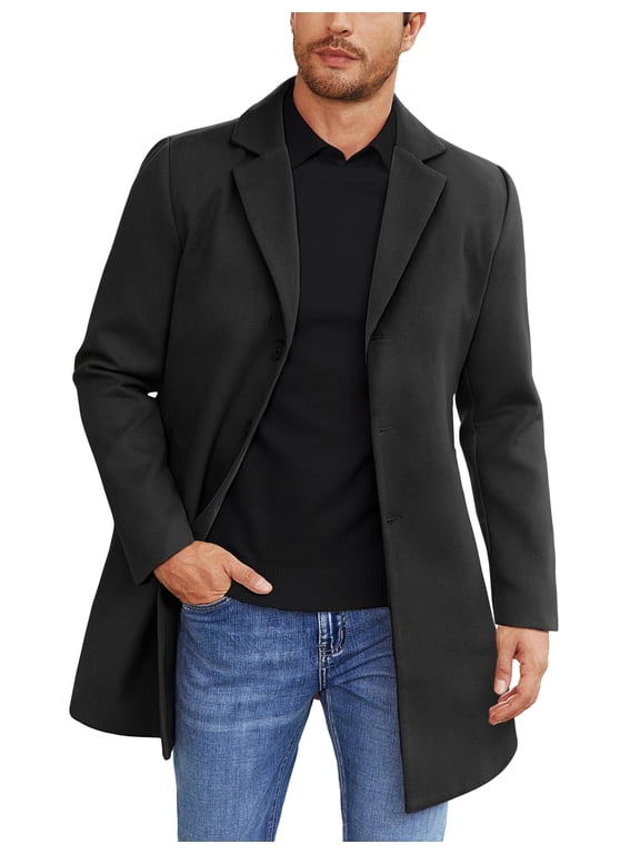 Men's Classic Wool Blend Peacoat - Winter Trench Style, Notched Lapel, Single Breasted with Pockets