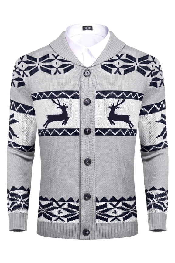Shawl Collar Cardigan Men Reindeer Snowflake Warm Knit Cardigans Sweaters