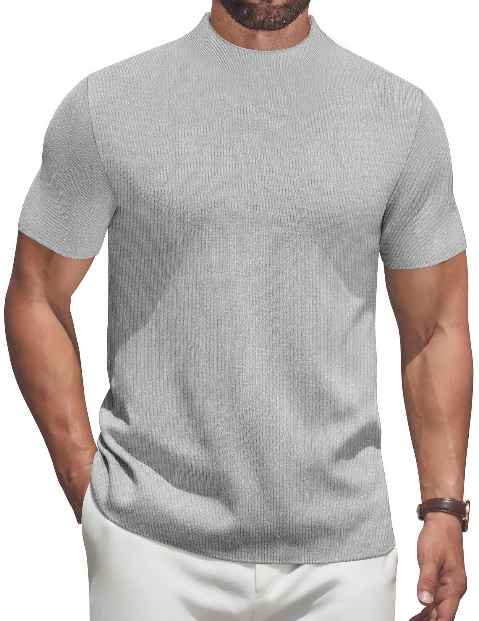 COOFANDY Short Sleeve Mock Turtleneck for Men Vintage Knit Sweater