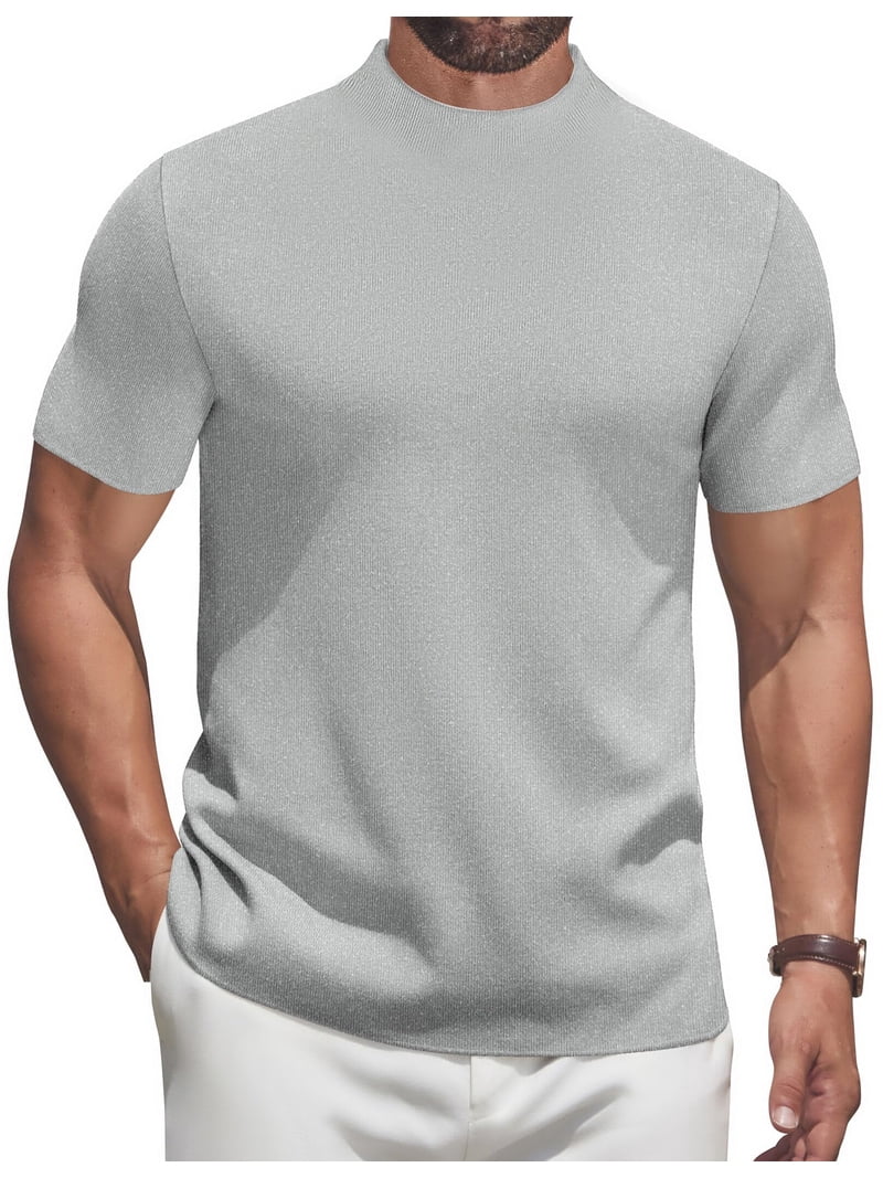 COOFANDY Short Sleeve Mock Turtleneck for Men Vintage Knit Sweater