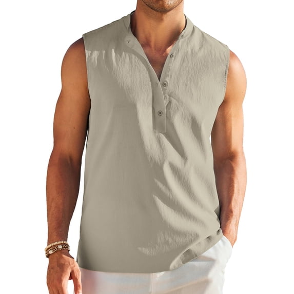 COOFANDY Mens Beach Sleeveless Casual Shirts Fashion Stylish Tank Top Linen Button Down Tank Shirts Band Collared Tunic
