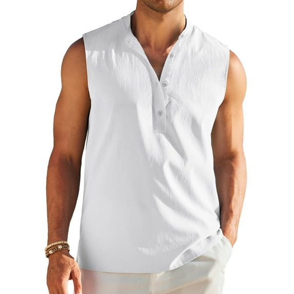 COOFANDY Sleeveless Button Down Shirts Men Casual Beach Tank Top Summer Tank Shirt Linen Henley Tanks