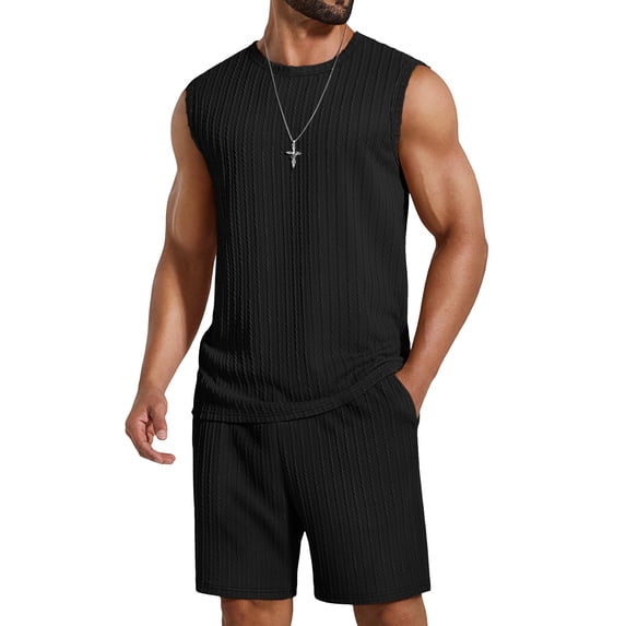 COOFANDY Sleeveless Short and Shirt Set for Men Knit Vacation Outfits 2 Piece Shorts Tracksuit Summer Jogging Set