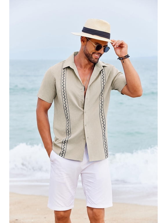Guayabera Shirts for Men Collared Short Sleeve Regular Fit Shirts Beach Vacation Untucked Shirts