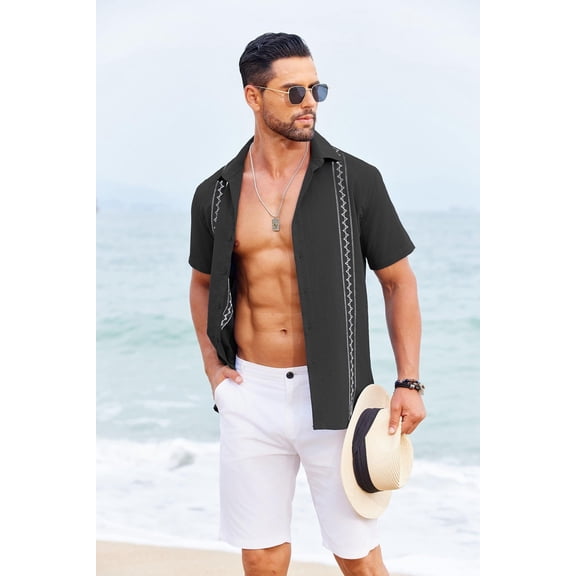 COOFANDY Guayabera Shirts for Men Collared Short Sleeve Regular Fit Shirts Beach Vacation Untucked Shirts