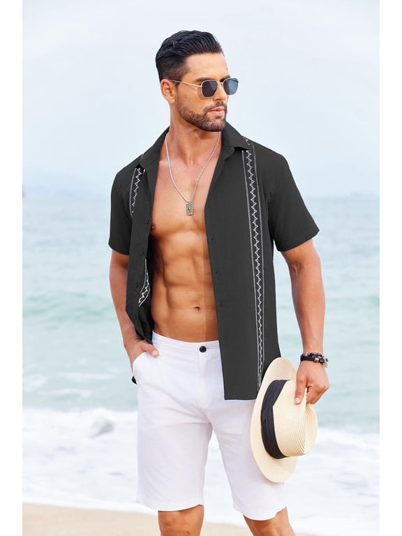 Guayabera Shirts for Men Collared Short Sleeve Regular Fit Shirts Beach Vacation Untucked Shirts