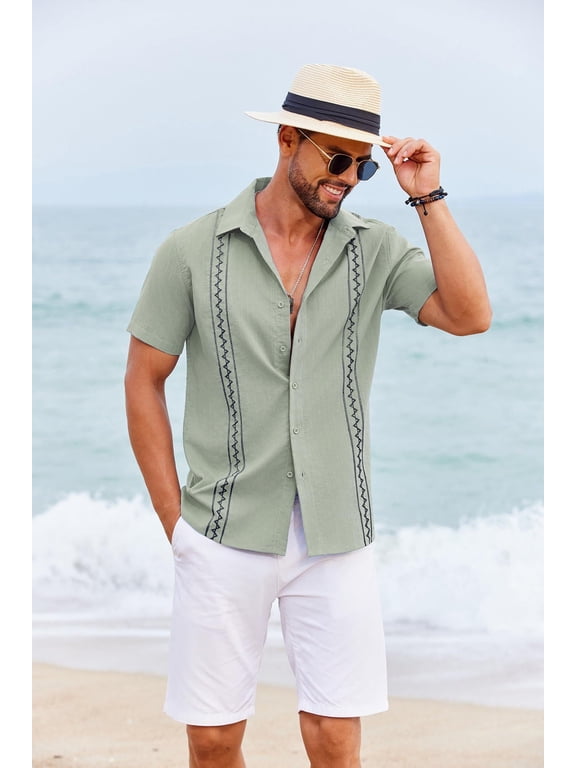 Guayabera Shirts for Men Collared Short Sleeve Regular Fit Shirts Beach Vacation Untucked Shirts