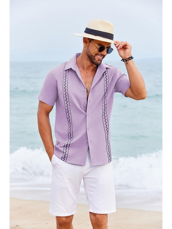 Guayabera Shirts for Men Collared Short Sleeve Regular Fit Shirts Beach Vacation Untucked Shirts